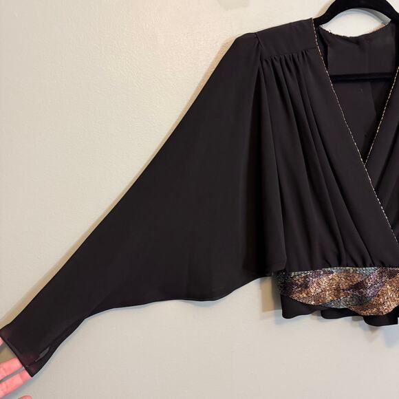 VTG Denise Fashions Blouse M Black Pleated Surplice Sheer Batwing Beaded Hem USA - Picture 9 of 10